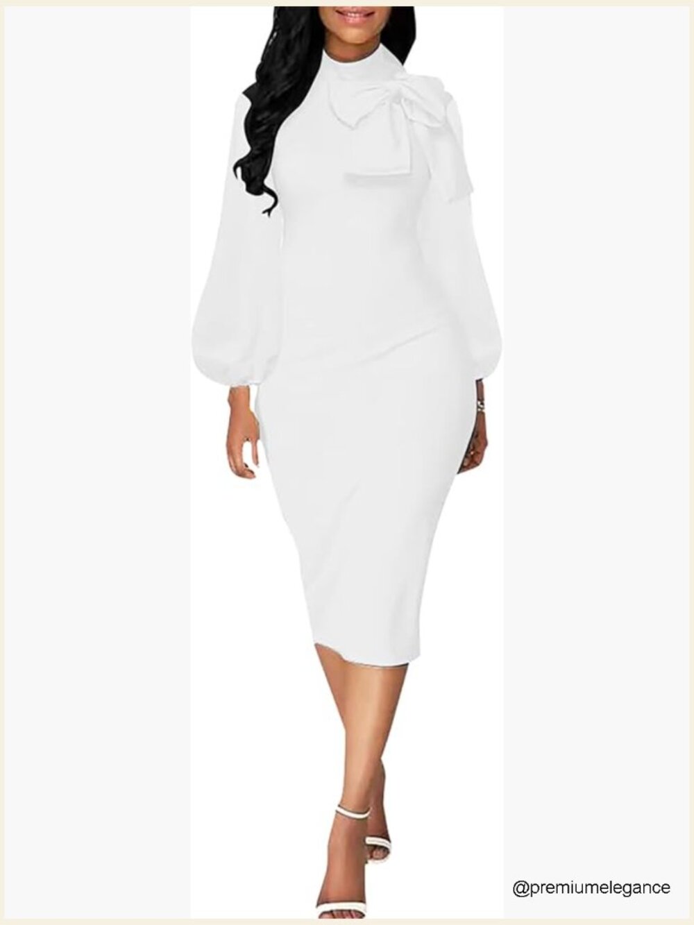 Long Sleeve Bodycon Midi Dress With Bishop Sleeves Mock Neck Work Casual
